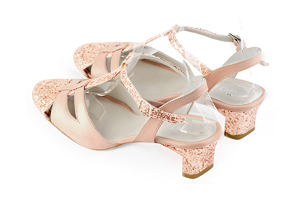 Powder pink women's open back T-strap shoes. Round toe. Low kitten heels. Rear view - Florence KOOIJMAN